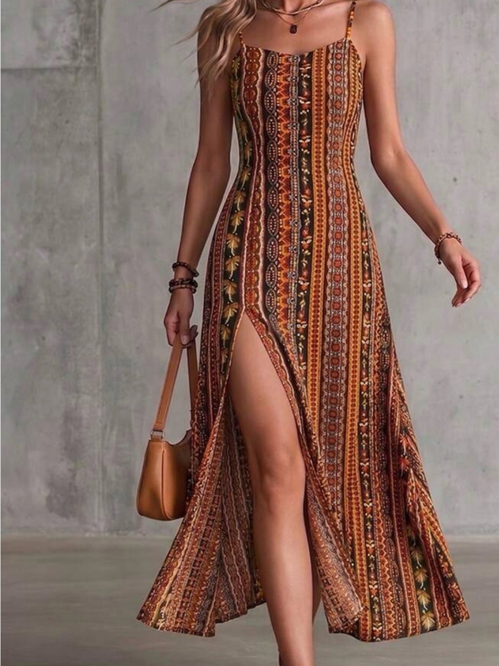 70s Boho Beauty Thin Strap Maxi Dress Front Slit Fitted Bodice Flowy Skirt